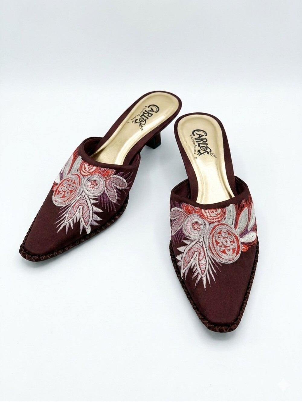 VINTAGE Carlos by Carlos Santana "Chopsticks" Embroidered Satin Mules